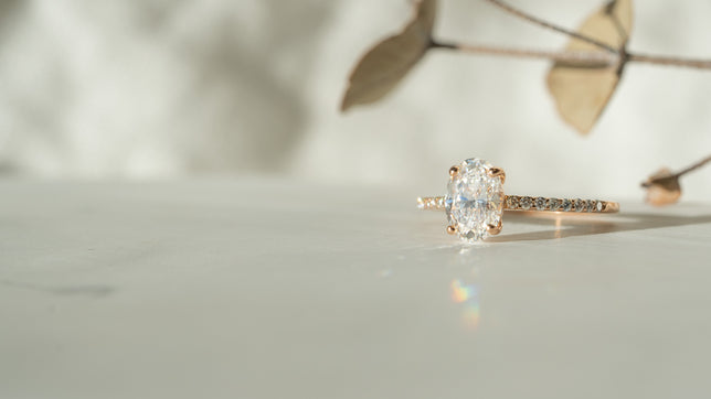 Shoulder set lab grown diamond engagement ring on a white background with dried green leaves in the background. 