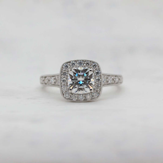 The Daymer Ring  | 1.42ct D-E VVS1 Vintage Cushion Cut Engagement Halo 18k Gold