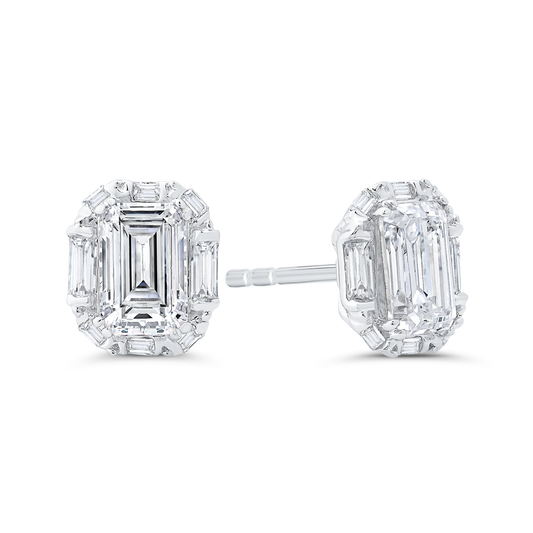 The Alissa Earrings | Lab Diamond Classic Emerald & Baguette Halo Studs