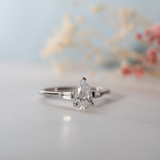 The Cami Ring | Pear Moissanite & Diamond Art Deco Accented Trilogy