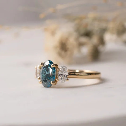 Blue Lab Diamond Oval Trilogy Engagement Ring | Ethica Bespoke