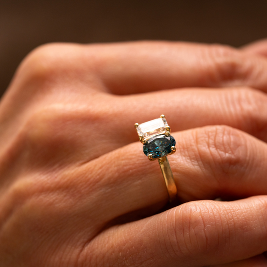 Toi et Moi Teal Lab Diamond Engagement Ring