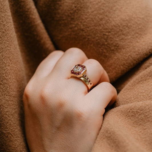 Art Deco Ruby & Diamond Halo Bridal Set