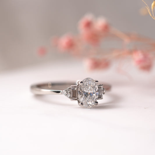 The Amber Ring | Moissanite & Diamond Accented Oval Art Deco Engagement