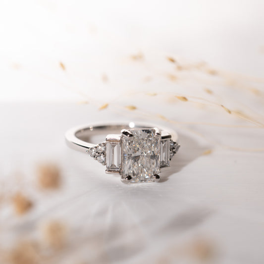 The Amber Ring | Emerald Cut Moissanite & Diamond Art Deco Accented Engagement