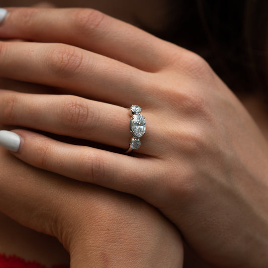 The Jessica Ring | E VS1 2.10 ct Three Stone Oval & Round Diamond Trilogy