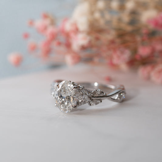 The Eesha Ring  | Oval Moissanite & Diamond Accented Trellis Engagement