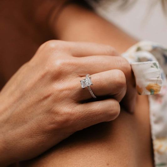 The Sabrine Ring | Moissanite & Diamond Emerald Hidden Halo Engagement
