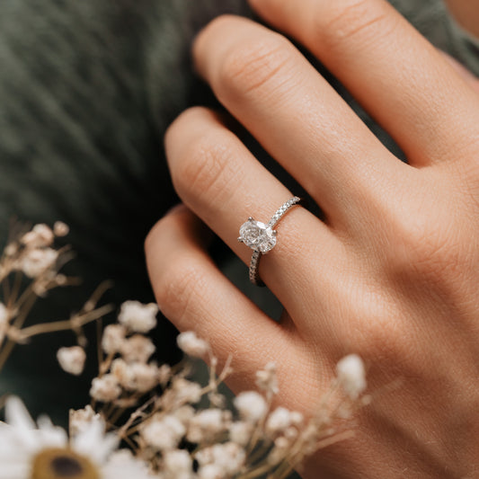 The Aesa Ring | Moissanite & Diamond Oval Thin Band Shoulder Set Engagement