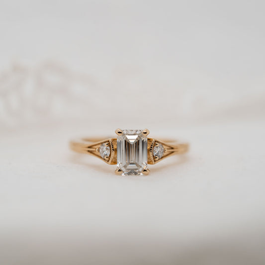 The Ares Ring | Emerald Cut Moissanite & Diamond Accented Art Deco Engagement