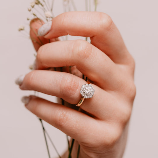 The Dahlia Ring | Moissanite & Diamond Hexagonal Engagement Halo