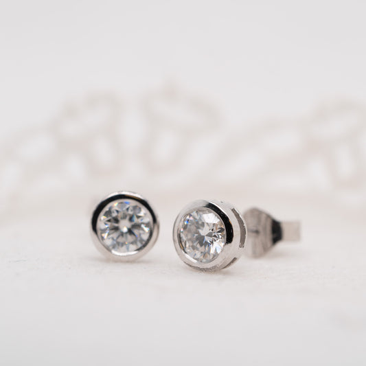 The Delaynie Earrings | Round Moissanite Bezel Solitaire Studs