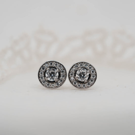 The Diana Earrings | Round Moissanite & Lab Diamond Halo Studs