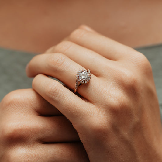 The Dolca Ring | Moissanite & Diamond Twist Engagement Halo