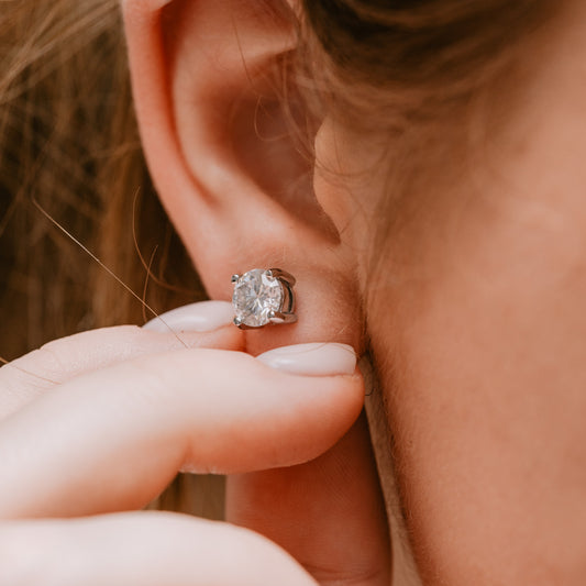 The Echo Earrings | Round Moissanite Basket Solitaire Studs