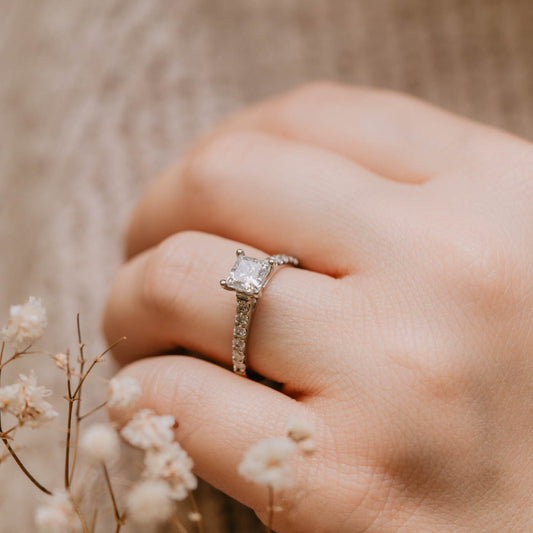 The Estella Ring | Moissanite & Diamond Princess Shoulder Set Engagement