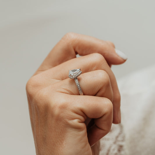 The Isona Ring | Moissanite & Diamond Pear Cut Milgrain Engagement Halo