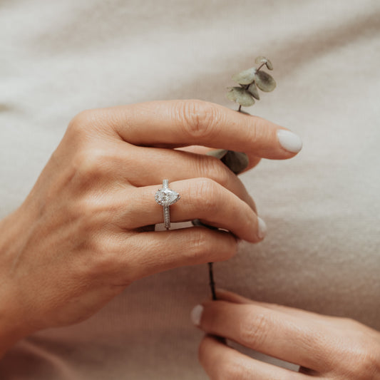 The Isona Ring | Moissanite & Diamond Pear Cut Milgrain Engagement Halo