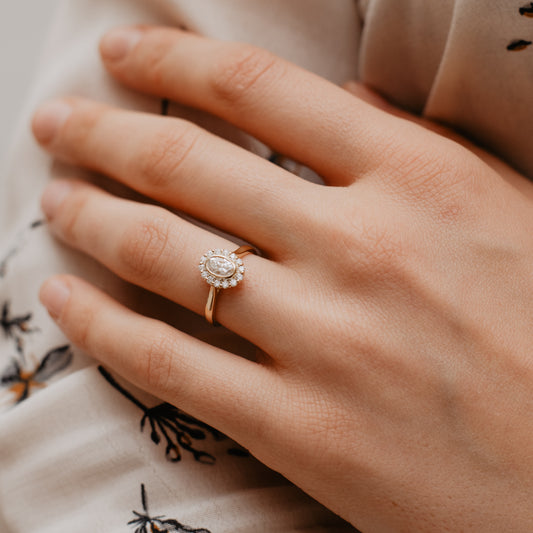 The Lenore Ring | Moissanite & Diamond Oval Cut Engagement Halo