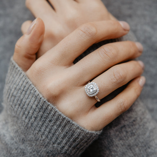 The Lovina Ring | Moissanite & Diamond Cushion Cut Engagement Halo
