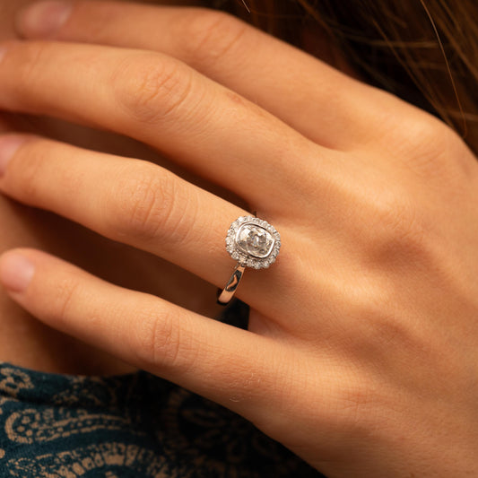 The Lovina Ring | Moissanite & Diamond Cushion Cut Engagement Halo