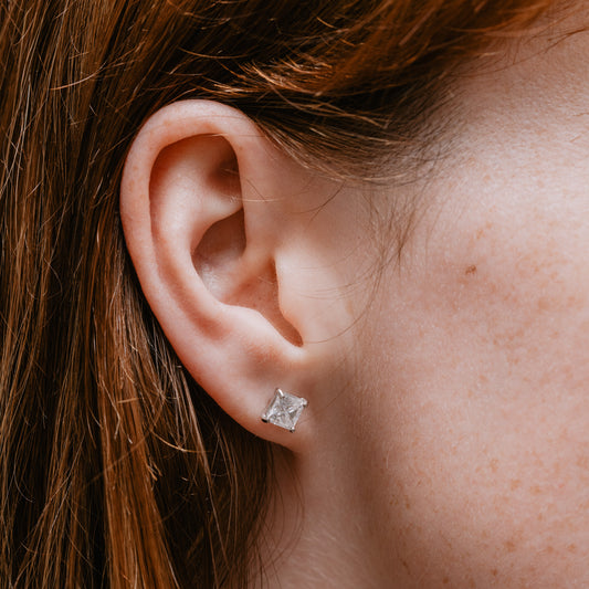 The Mei Earrings | Princess Moissanite Bezel Solitaire Earrings
