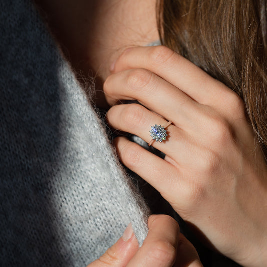 The Mina Ring | Moissanite & Diamond Vintage Engagement Halo