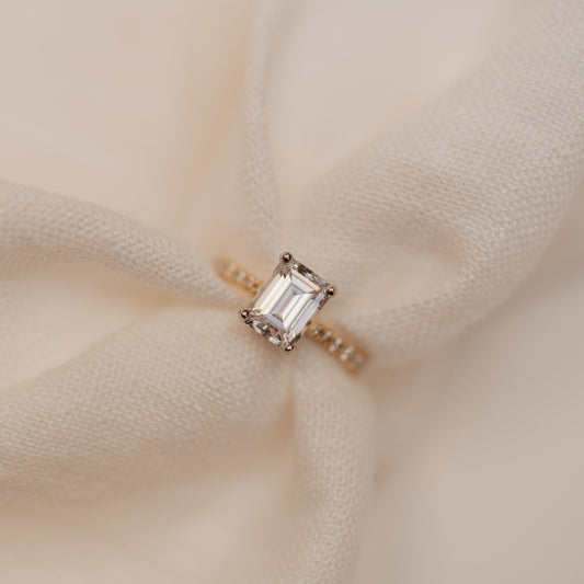 The Nouveau Ring | Emerald Lab Diamond Shoulder Set Engagement Solitaire