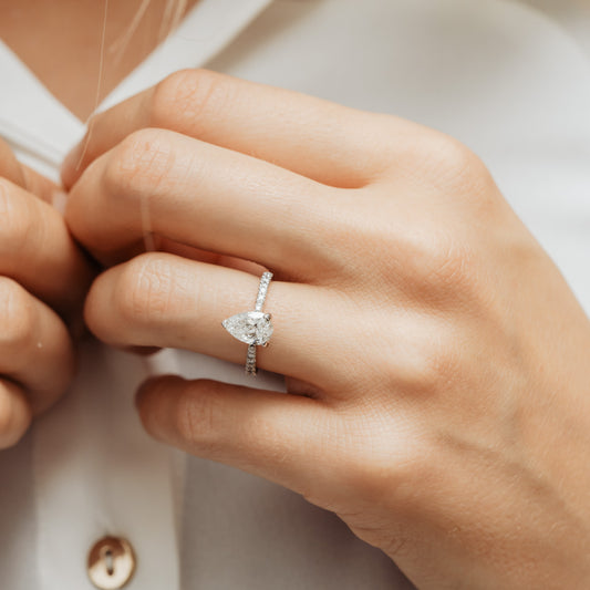 The Nouveau Ring | Moissanite & Diamond Pear Cut Shoulder Set Engagement