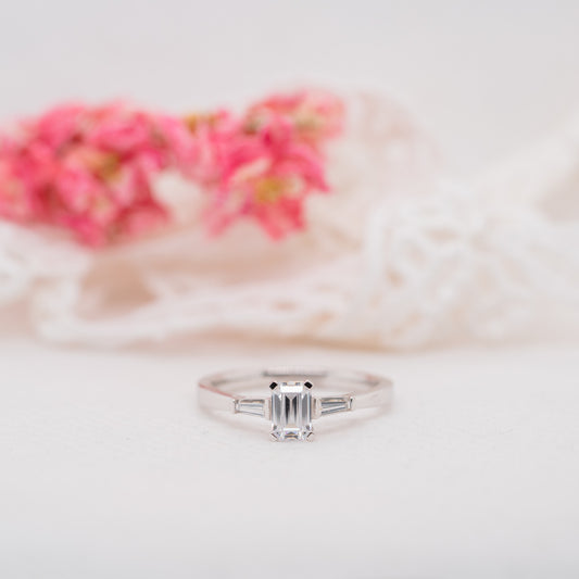The Sabrina Ring | Moissanite Emerald & Baguette Cut Engagement Trilogy