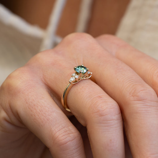 The Farah Ring | 0.98ct Seafoam Moissanite & Lab Diamond Accented Engagement Ring