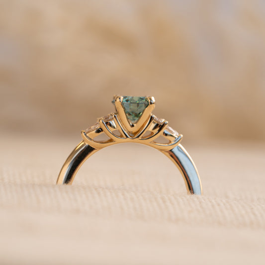 The Farah Ring | 0.98ct Seafoam Moissanite & Lab Diamond Accented Engagement 18k Yellow Gold