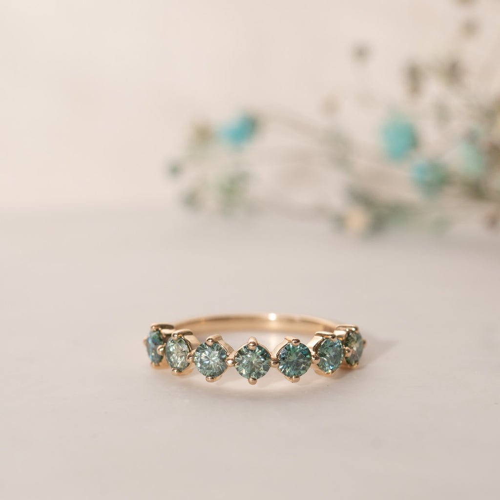 The Jamila Ring | 9k Yellow Gold Round Seafoam Green Moissanite Classic Claw Set Band