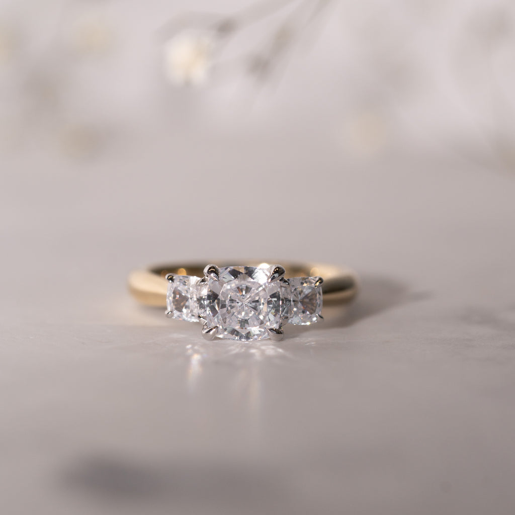 The Lara Ring | Lab Diamond Cushion Cut Trilogy Hidden Halo Engagement