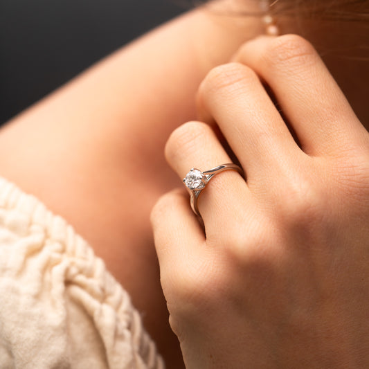 The Lucille Ring | Round Moissanite Floral Petal Engagement Solitaire