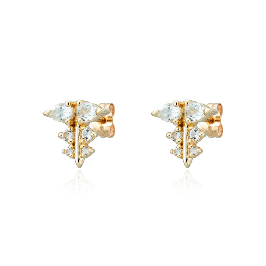 A white render of a pair of gold stud earrings with diamonds that look like holly