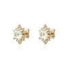 A white render of two diamond halo gold stud earrings.