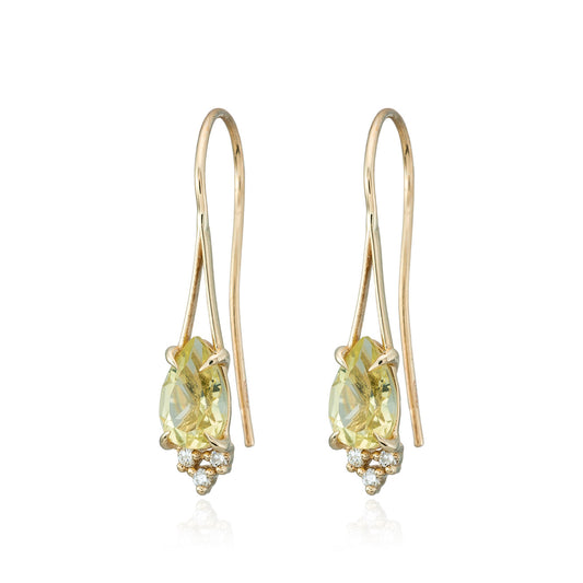 A white render of a pair of gold fish hook earrings with lemon quartz centrepiece and diamonds.