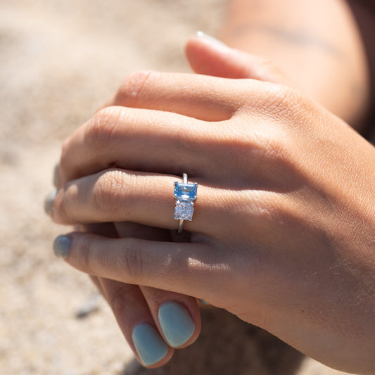 The Marilyn Ring | Aqua Spinel and Cushion Cut Lab Diamond Toi Et Moi