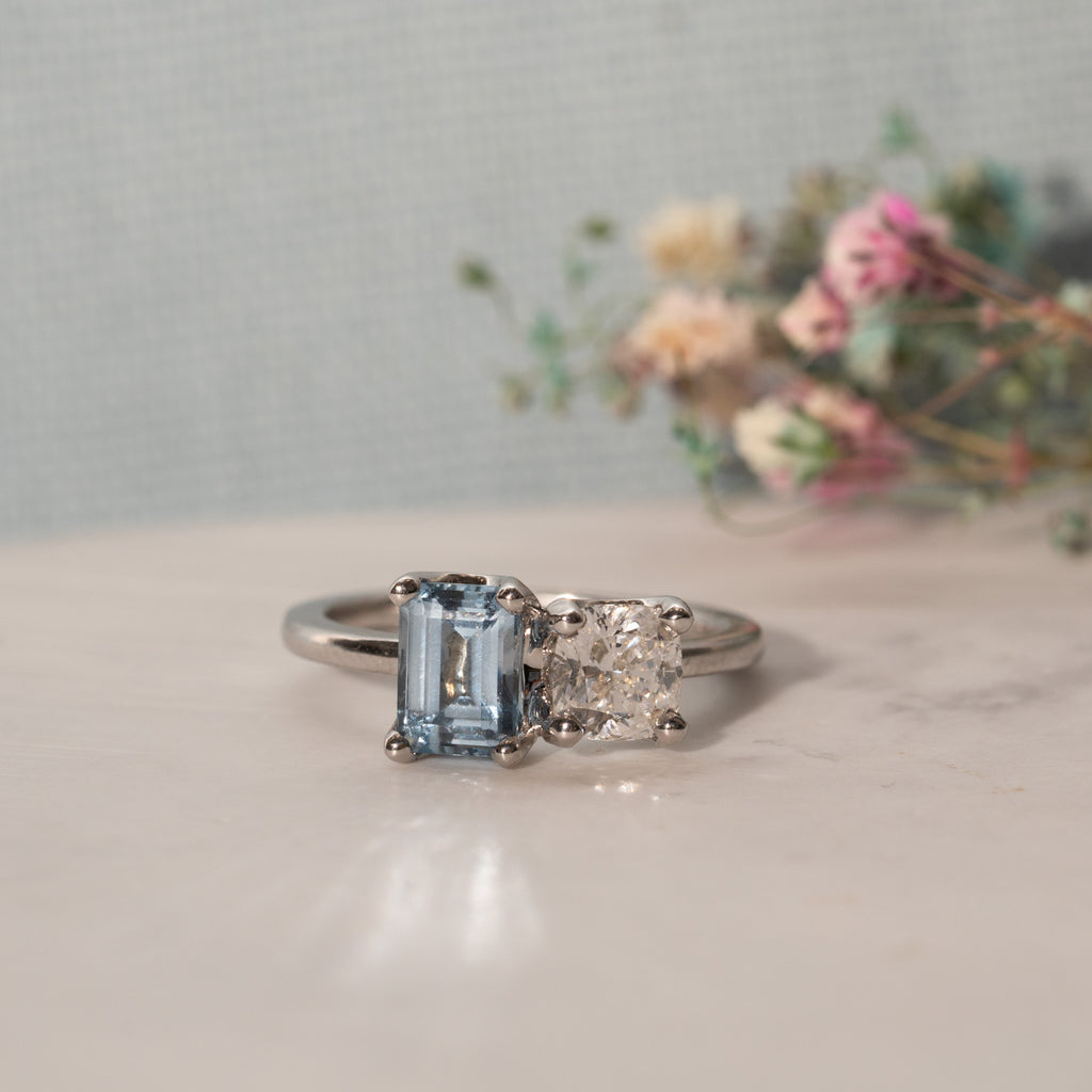 The Marilyn Ring | Aqua Spinel and Cushion Cut Lab Diamond Toi Et Moi