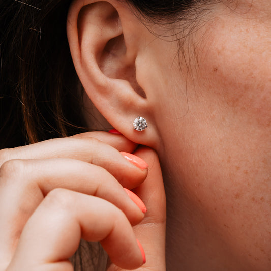 The Martini Earrings | Round Moissanite Three Claw Solitaire Studs