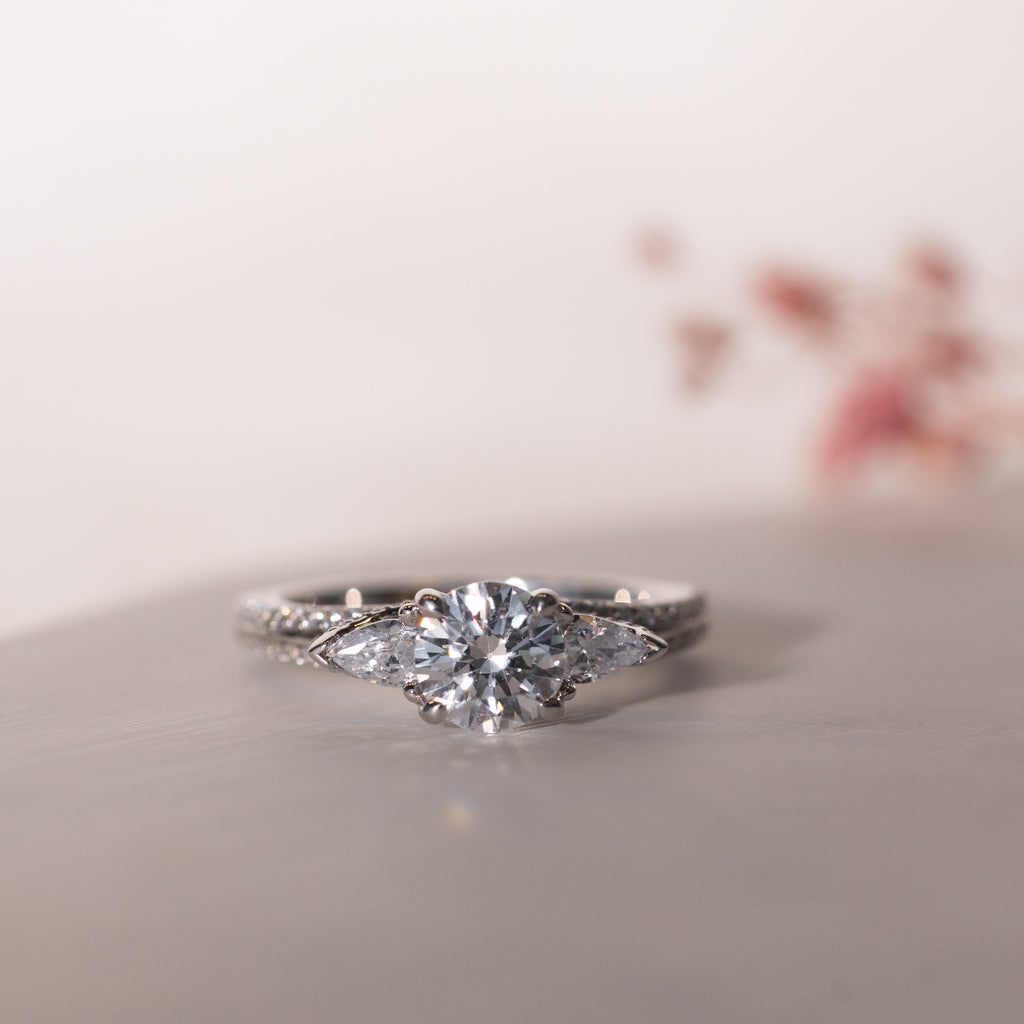 The Meredith Ring | Lab Diamond Round & Pear Cut Shoulder Set Engagement Trilogy