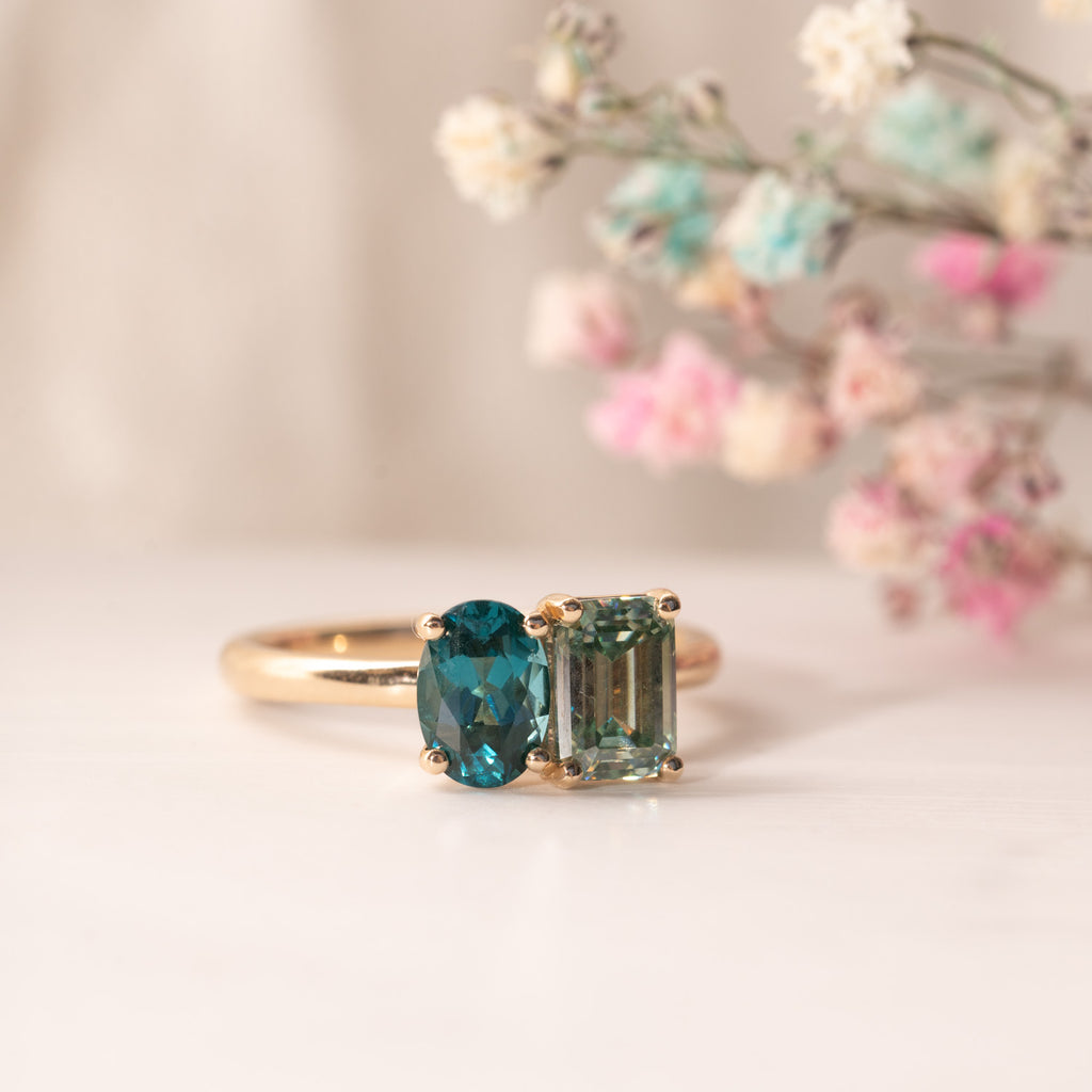 The Mira Ring | 2.02ct Chatham® Oval Paraíba Spinel & Seafoam Moissanite Toi et Moi