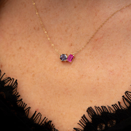 The Myla Pendant | Chatham® Alexandrite & Sapphire Toi Et Moi Pendant 9k Yellow Gold