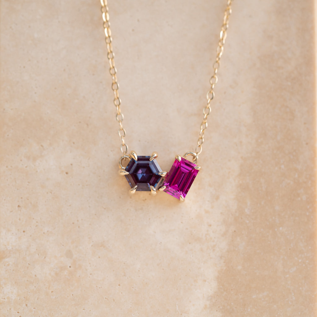 The Myla Pendant | Chatham® Alexandrite & Sapphire Toi Et Moi Pendant 9k Yellow Gold