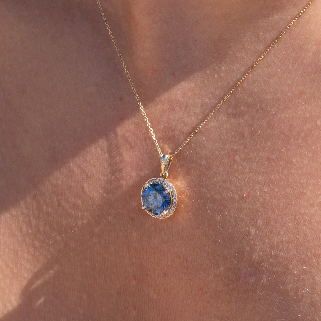 The Ninette Pendant | Round Blue Moissanite & Lab Diamond Halo