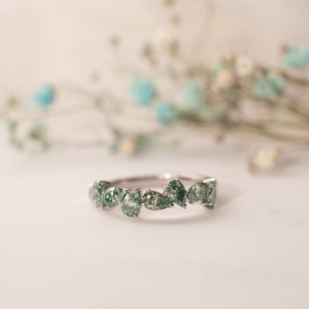 The Nova Ring | 9k White Gold Pear Sea Foam Green Moissanite Assymetric Stacking Band