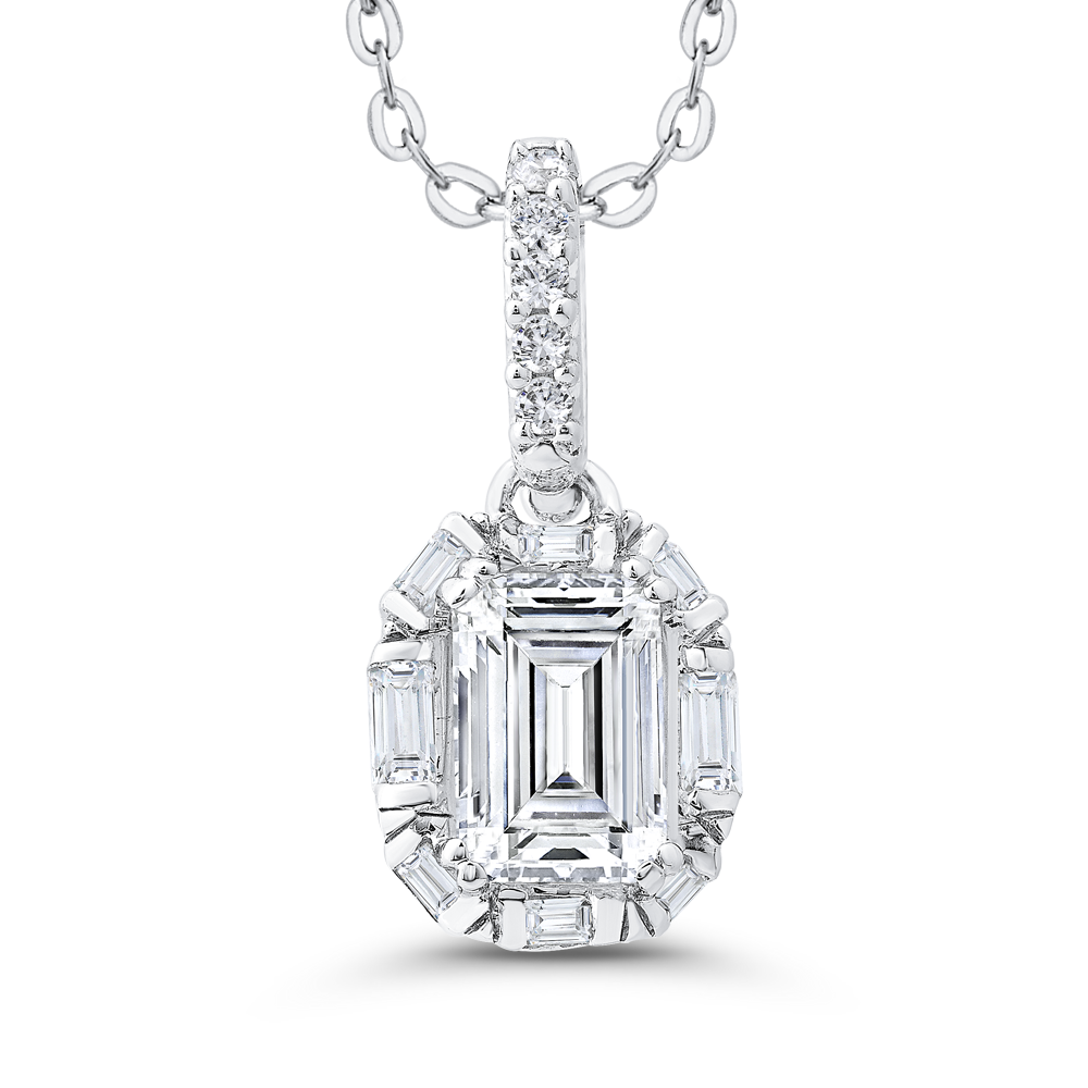 The Alissa Pendant | Emerald & Baguette Lab Diamond Art Deco Halo