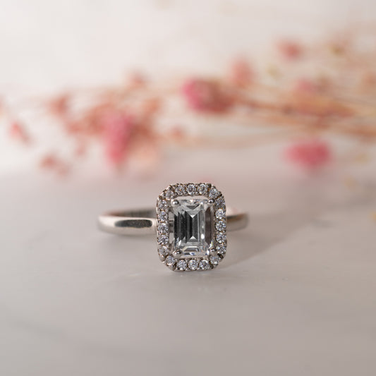 The Rose Ring | Lab Diamond Emerald Cut Engagement Halo