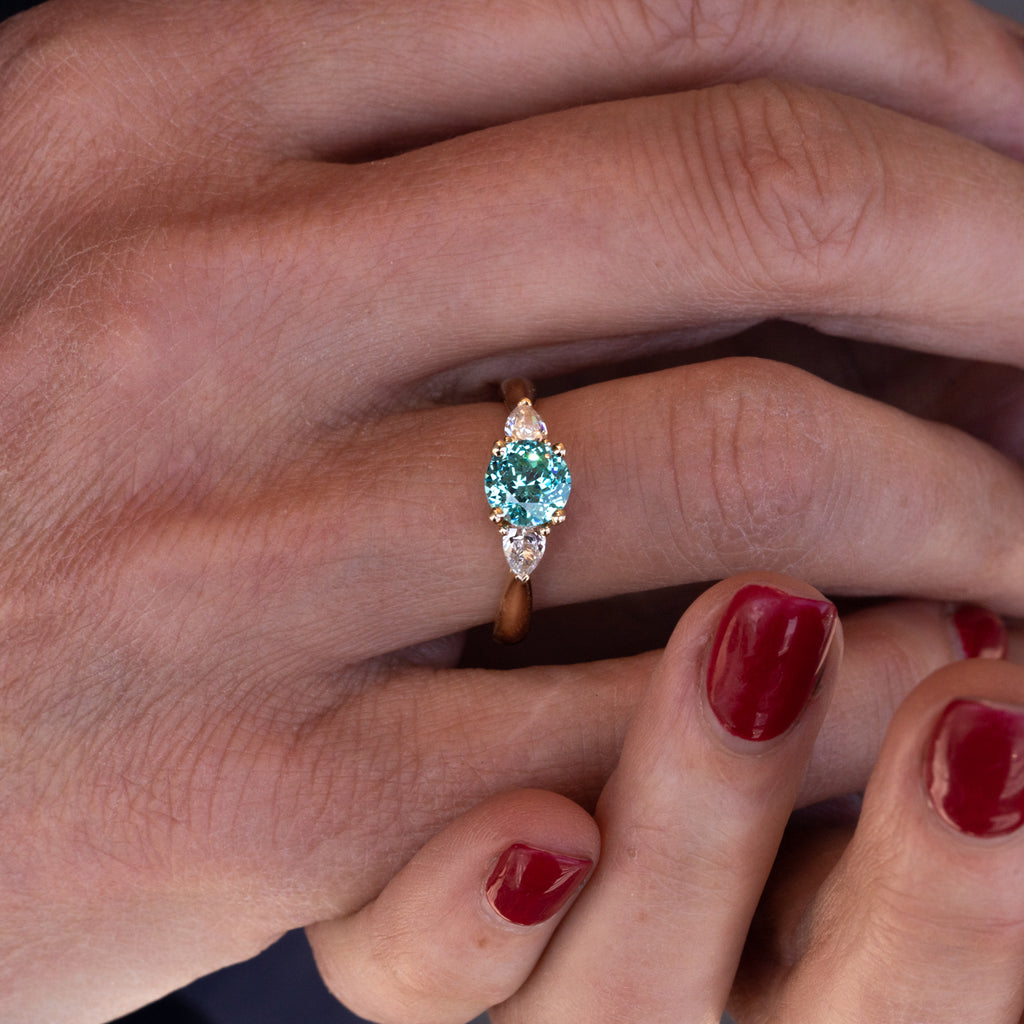 The Sophia Ring | 1.98ct Brilliant Cut Paraiba Tourmaline Trilogy 18k Yellow Gold
